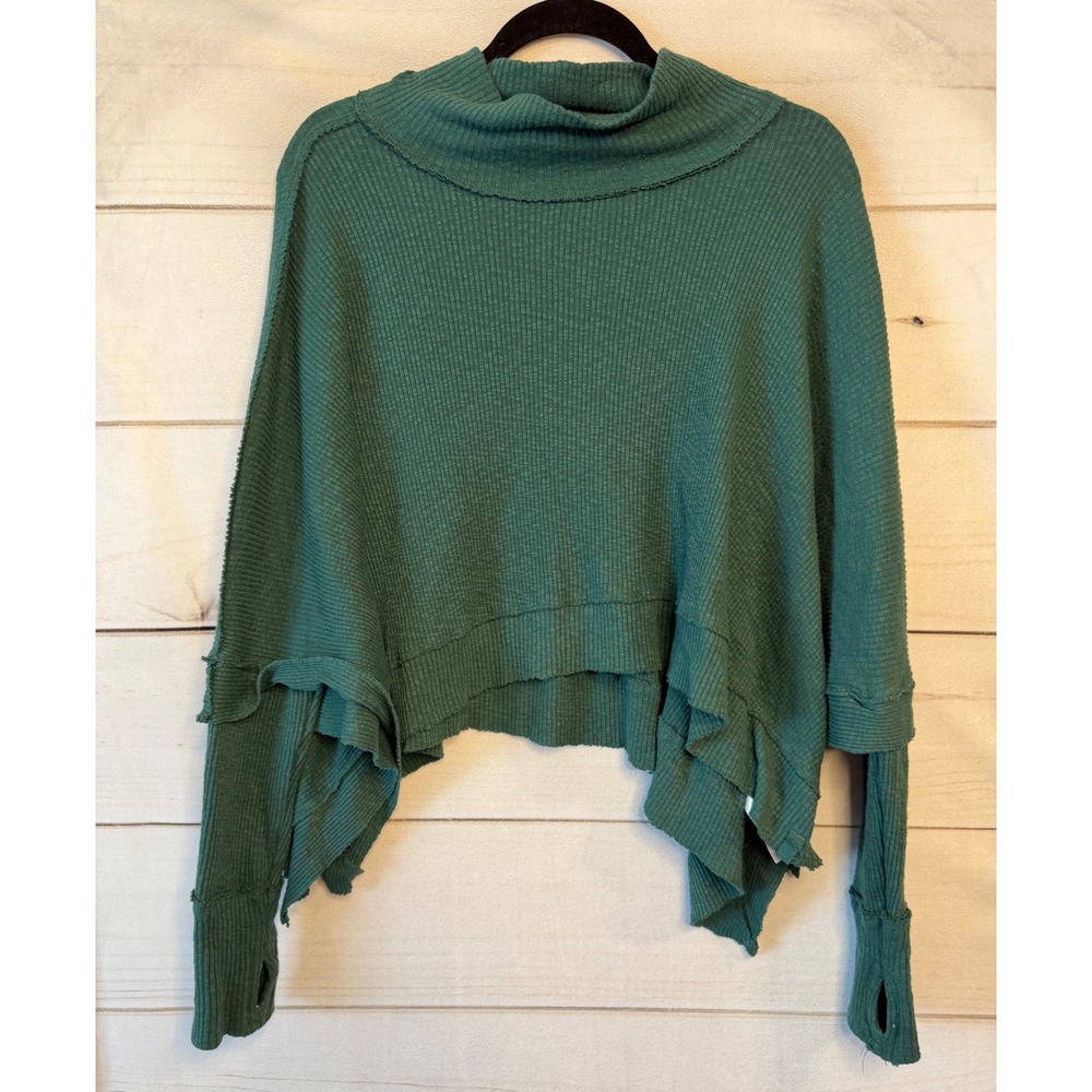 Free People We The Free Green Thermal Cowl Neck Asymmetric Ruffle Top Small